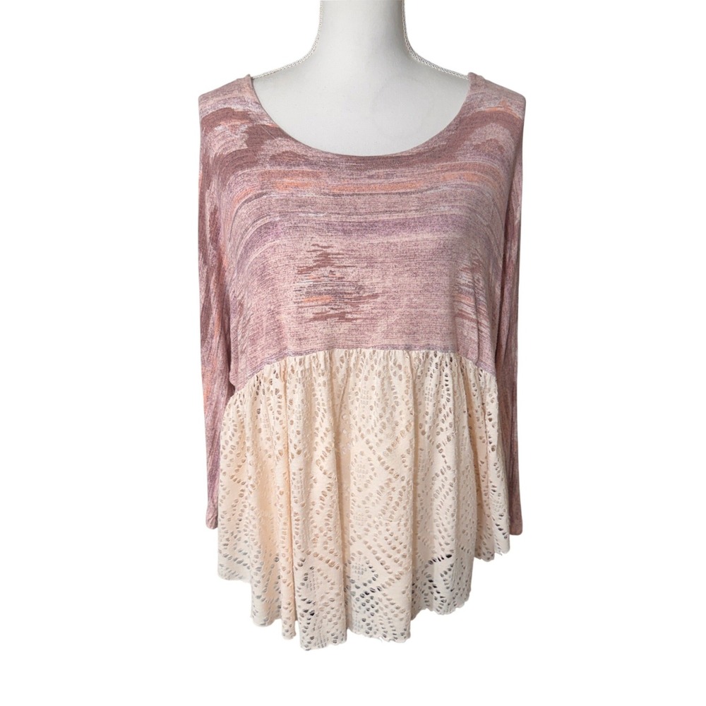 Free People Punched Diamonds Forever XS Space Dye Lace Peplum Top Oversized Boho